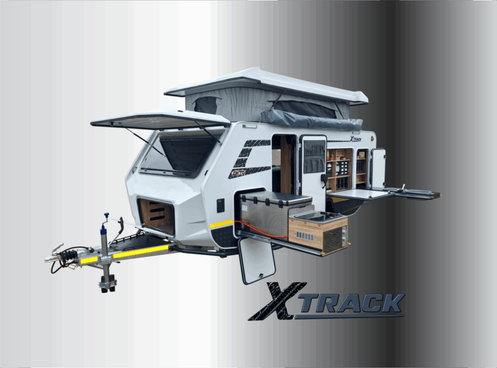 The Okto Xtrack 3-Berth Off-Road Caravan is a lightweight yet rugged caravan built with a full aluminium frame, 1800kg off-road axle, Victron charging system, 90L fridge, aircon, and external shower tent—perfect for comfortable off-grid adventures.
